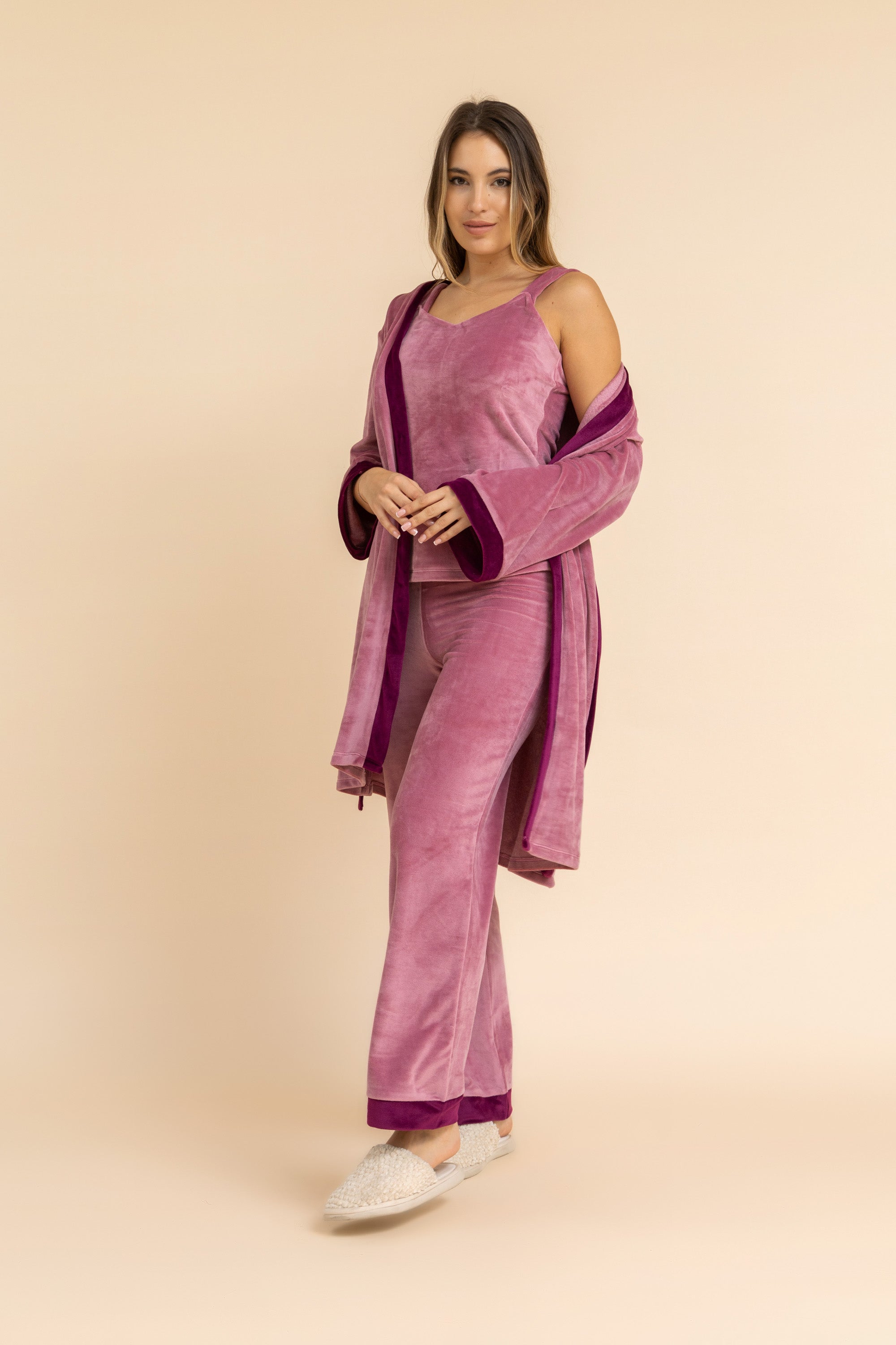 3 Pcs Velvet set - with matching Cami top, Pants and mid length Robe