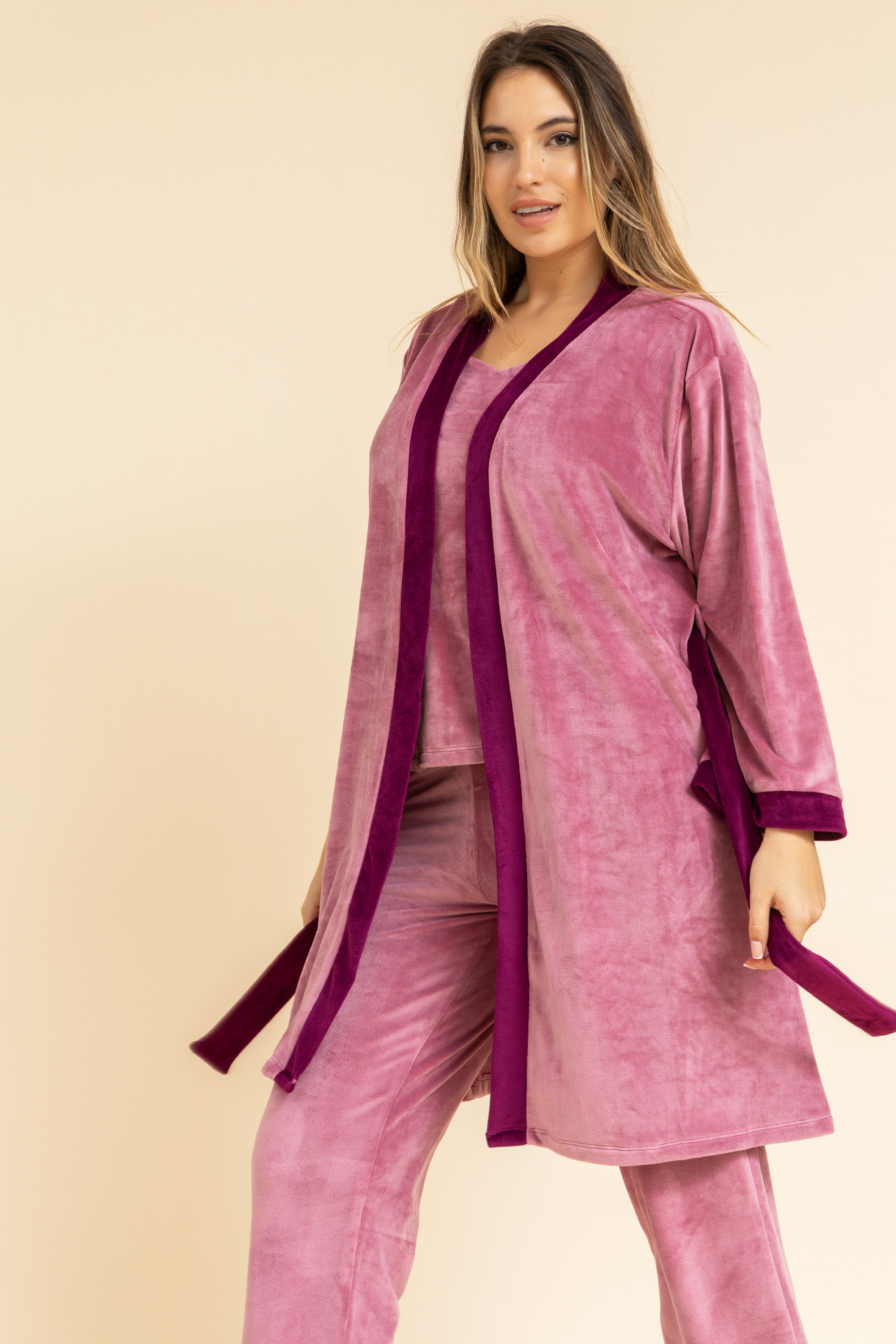 3 Pcs Velvet set - with matching Cami top, Pants and mid length Robe