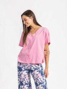 Plain Short Sleeve Loungeset With Floral Pants