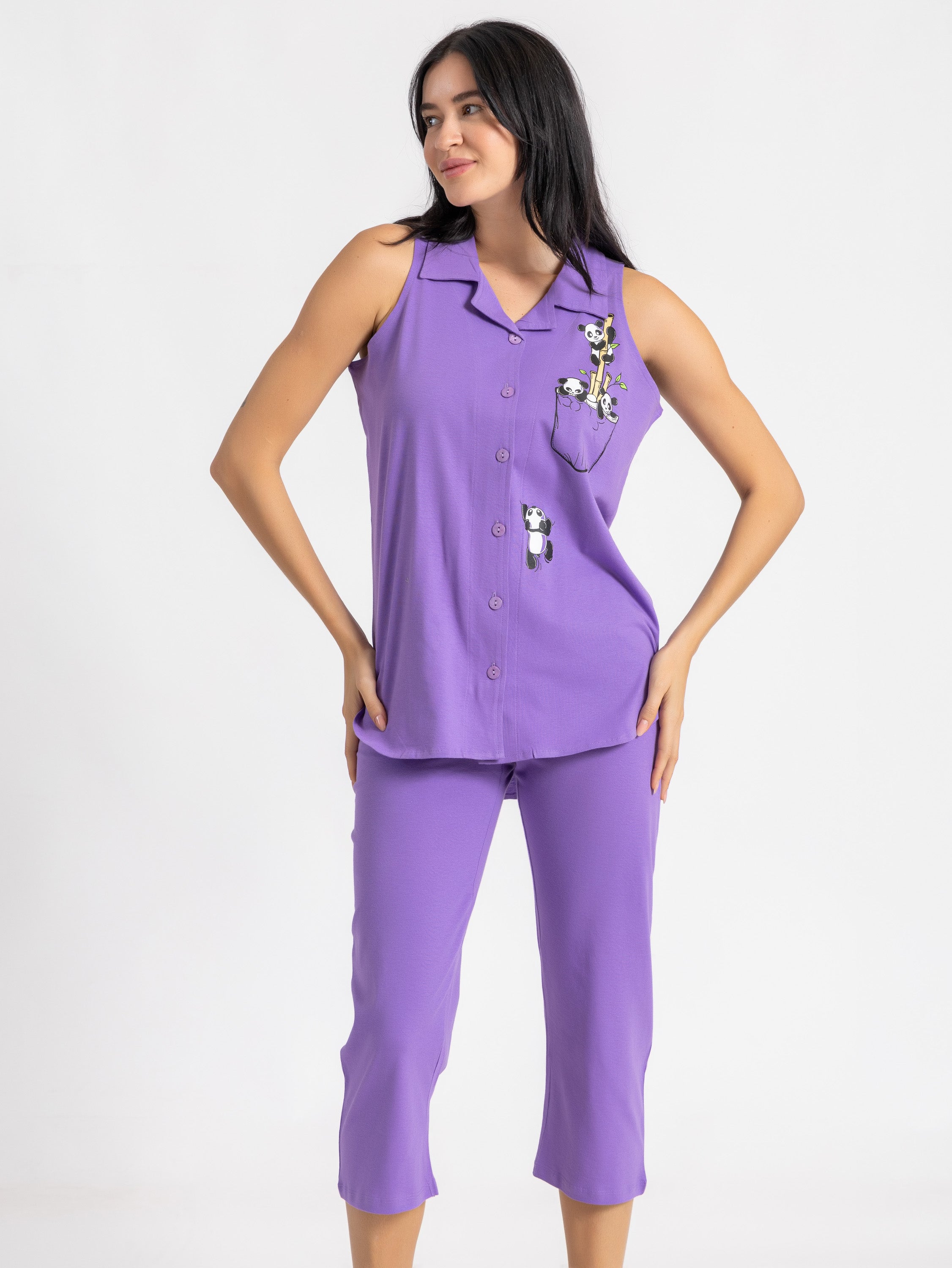 Cut Sleeve Capri Loungeset Panda Print