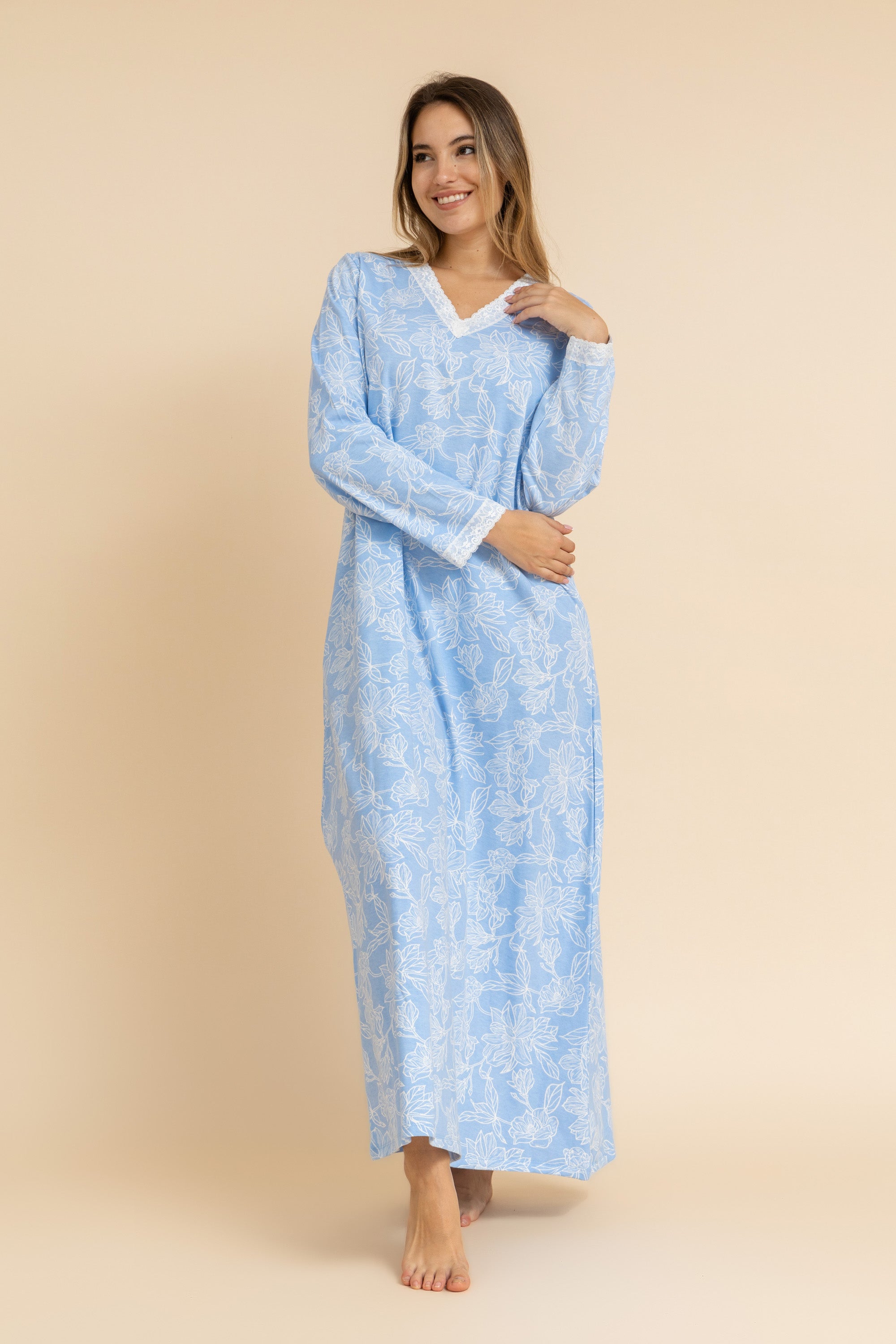 Floral Print 100% cotton nightdress with lace trim