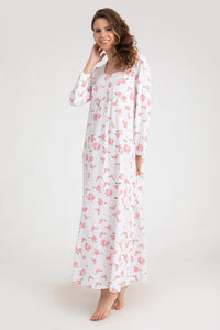 Roses Print Long Sleeve Nightgown With Lace detail