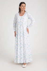 Roses Print Long Sleeve Nightgown With Lace detail