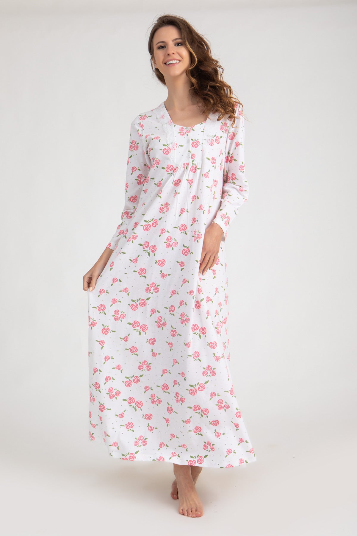 Roses Print Long Sleeve Nightgown With Lace detail