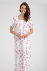 Roses Print Short Sleeve Nightgown With lace detail