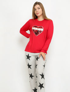 Plain Long Sleeve Heart Apliiq With Star Pants Pj