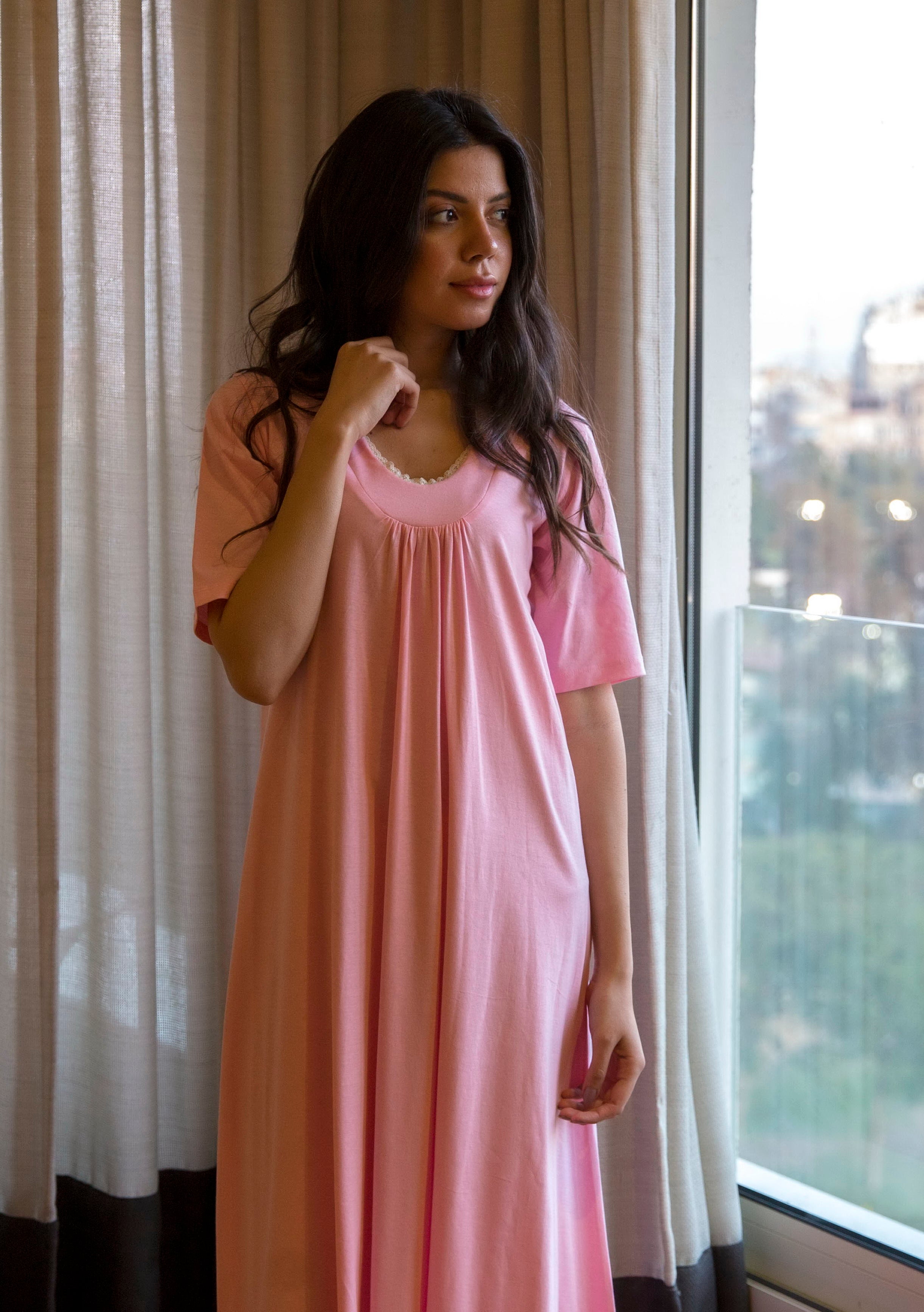 Delicate Nightgown with simple lace on neck opening
