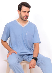 Men Short Sleeve Plain Pajama V-Neck