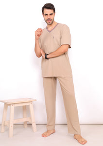 Men Short Sleeve Plain Pajama V-Neck