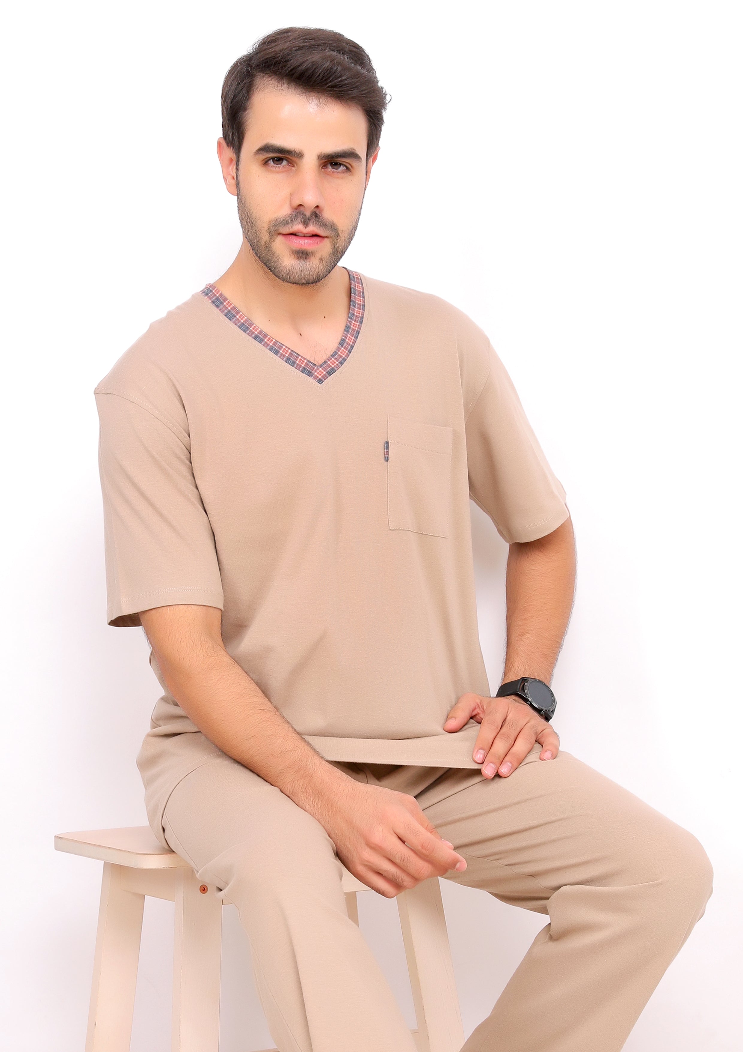Men Short Sleeve Plain Pajama V-Neck
