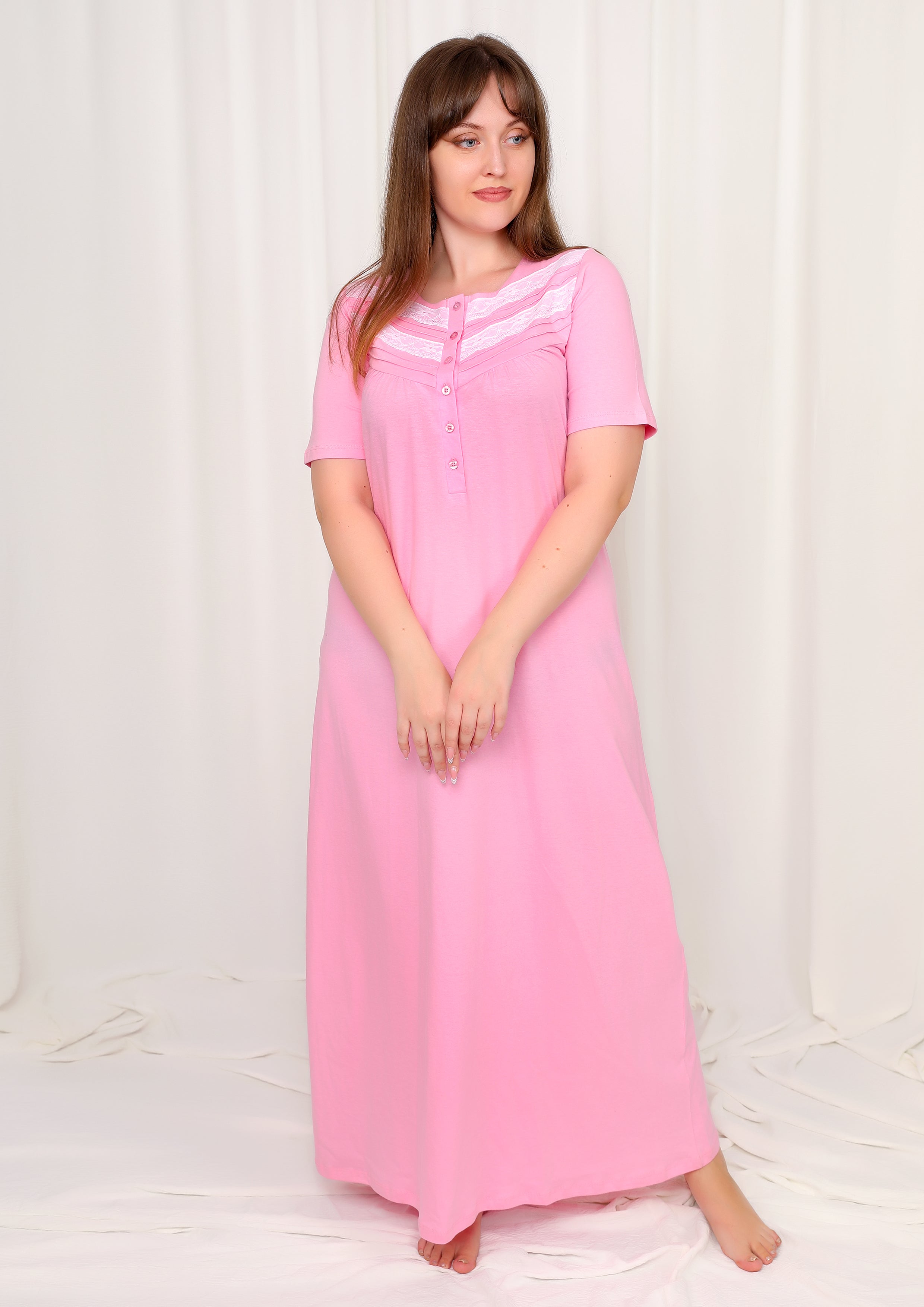 Half Sleeve Cotton Nightgown with lace-trim detail and button opening